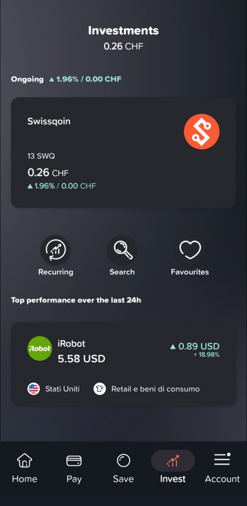 A screenshot of the Yuh app's "Investments" tab, displaying the initial dashboard.