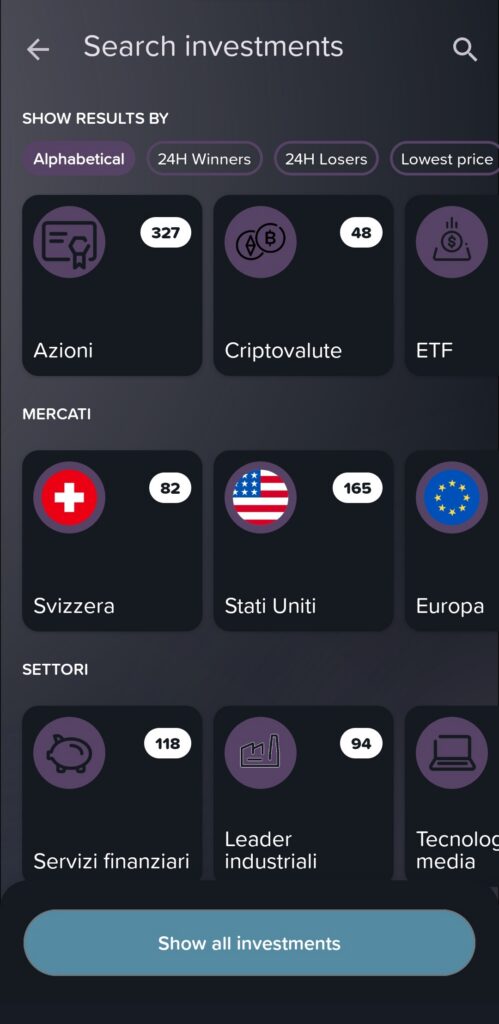 The "Search investments" screen in the Yuh app, showing categories for filtering by stocks, cryptocurrencies, markets like Switzerland, and sectors.