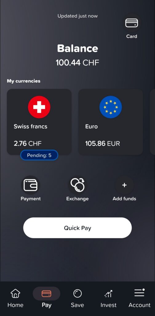 Yuh multi-currency account dashboard showing CHF and EUR pockets.