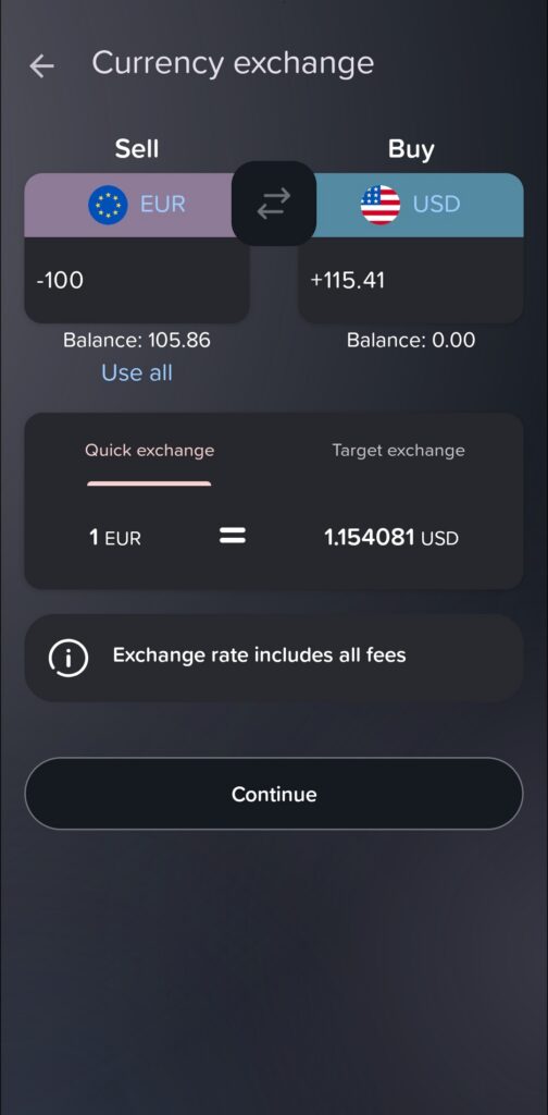 Yuh currency exchange screen showing EUR to USD.