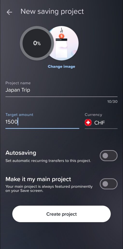 The "New saving project" creation screen in the Yuh app, showing a user setting up a "Japan Trip" project with a target amount of 1500 CHF.