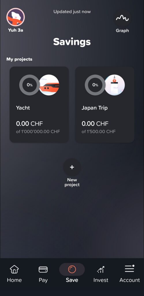 The "Savings" screen of the Yuh app, showing two savings goals: "Yacht" and "Japan Trip," both with a progress of 0.00 CHF.