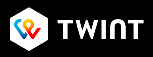 The official TWINT logo, featuring red and blue stylized letters on a white hexagon, representing the essential mobile payment system for a Swiss account.
