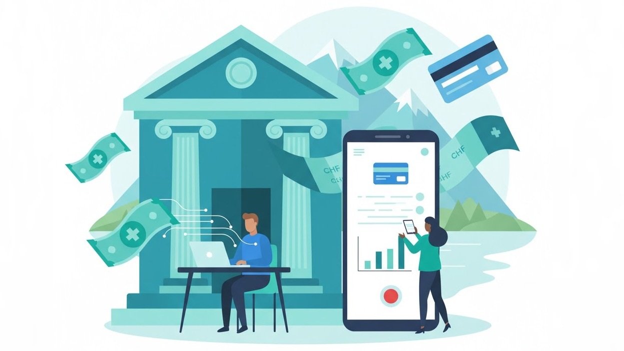 Flat design illustration representing a modern Swiss account, with a person managing finances on a laptop and smartphone, bank cards, and Swiss Francs (CHF) around a classic bank building, symbolizing digital banking.