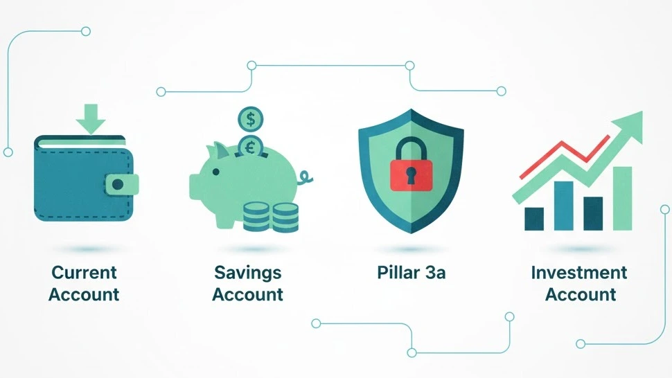 A modern flat-design infographic showcasing Swiss current account types including Current, Savings, Pillar 3a, and Investment accounts with distinct icons.