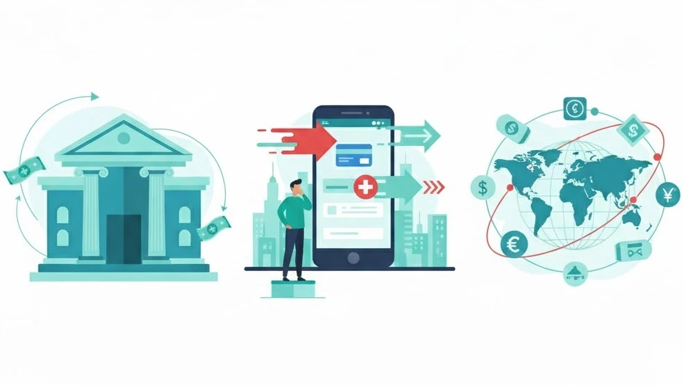 Conceptual infographic comparing three models of Swiss account management: Traditional Banks (building), Digital Banking (smartphone), and International Finance (globe and currencies).