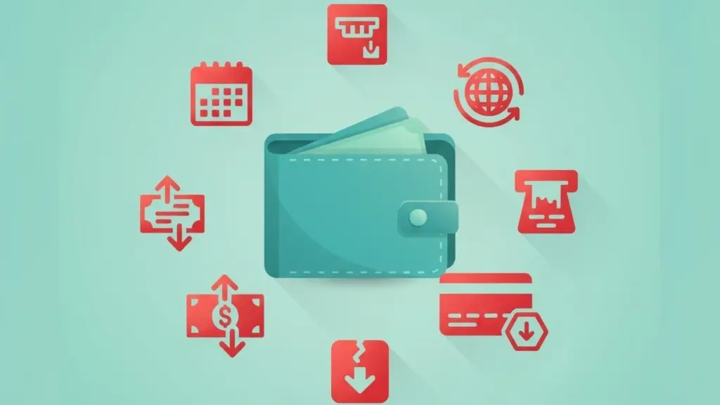 A modern flat design illustration depicting a teal wallet surrounded by various red icons representing swiss bank account costs and fees.