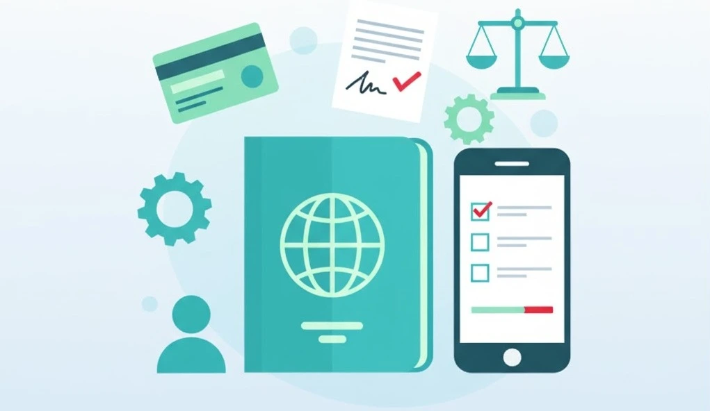 An illustration showing an open passport surrounded by icons of required documents and a smartphone with a checklist, representing open swiss account requirements.